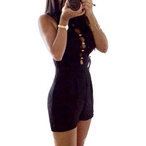 💫Bebe Cocktail Short Sexy Black Romper w/ Lace,  Gold applications, Small